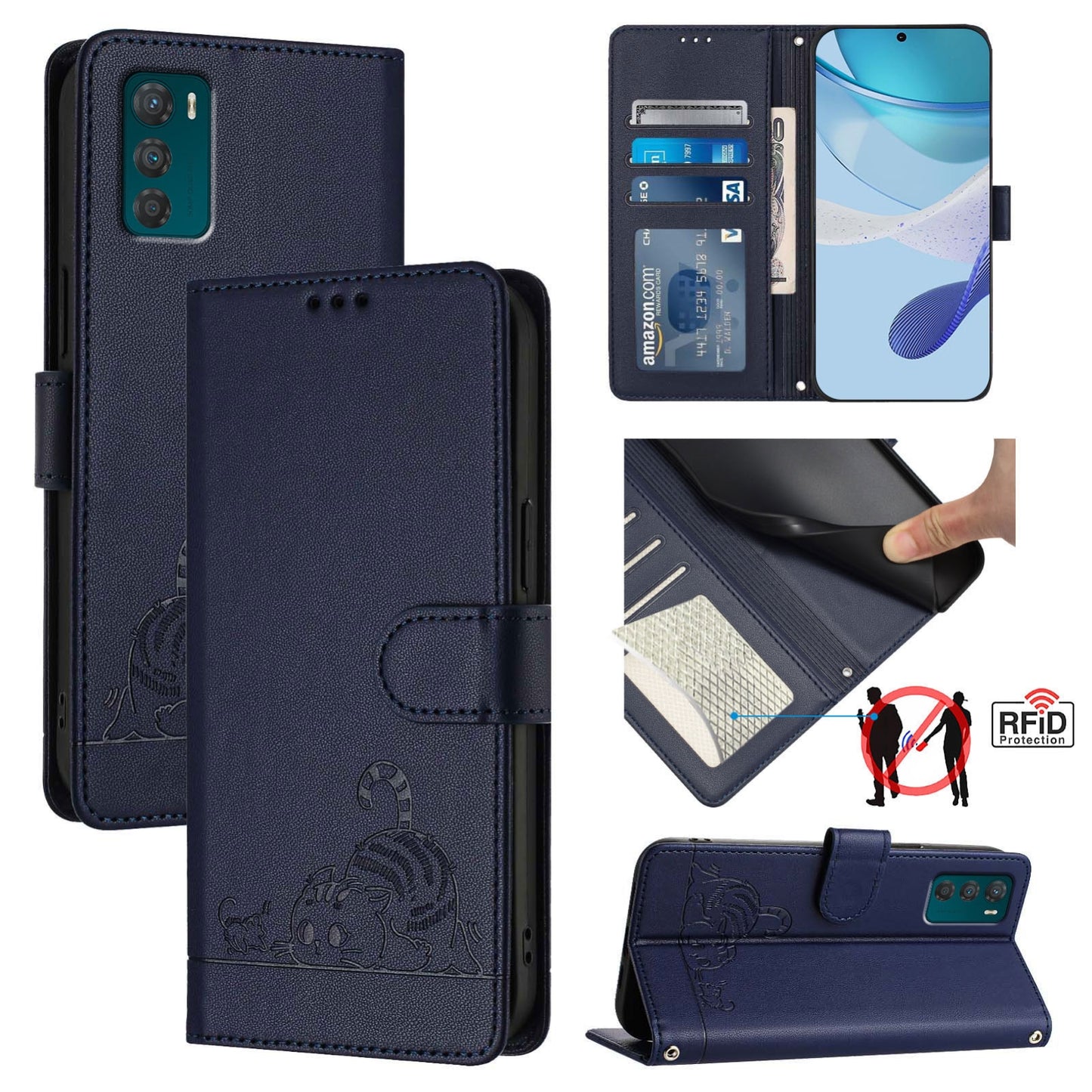 Motorola Moto G42 Cat & Rat Embossed RFID Leather Case, Lanyard, Wallet, Card Slots, Kickstand, Anti-Fall, Scratch-Resistant