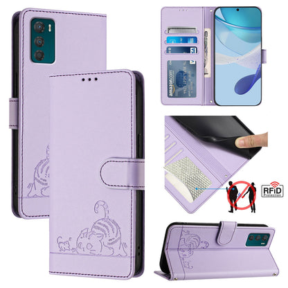 Motorola Moto G42 Cat & Rat Embossed RFID Leather Case, Lanyard, Wallet, Card Slots, Kickstand, Anti-Fall, Scratch-Resistant