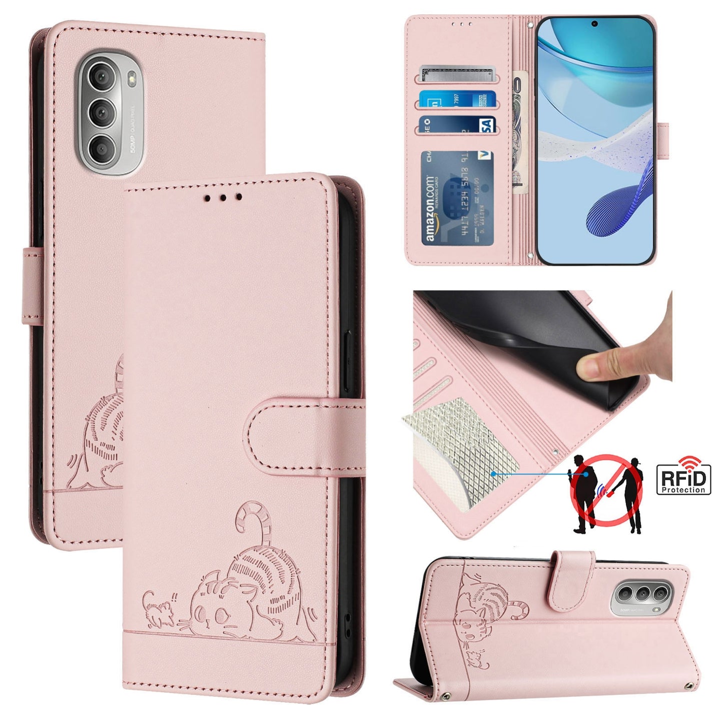 Motorola Moto G51 5G Cat & Rat Embossed RFID Leather Case, Lanyard, Wallet, Card Slots, Kickstand, Anti-Fall, Scratch-Resistant