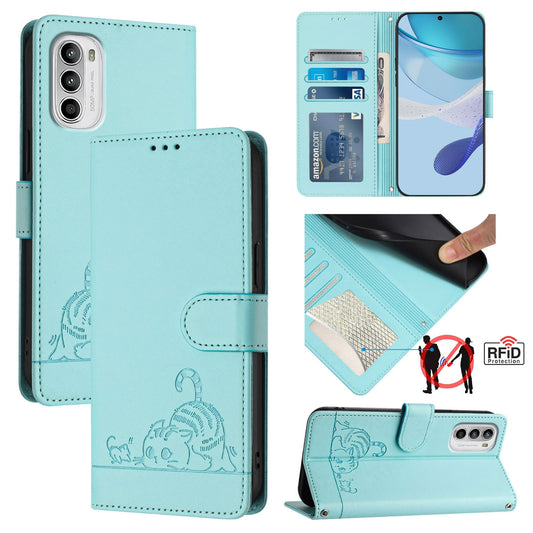 Motorola Moto G71s 5G Cat & Rat Embossed RFID Leather Case, Lanyard, Wallet, Card Slots, Kickstand, Anti-Fall, Scratch-Resistant