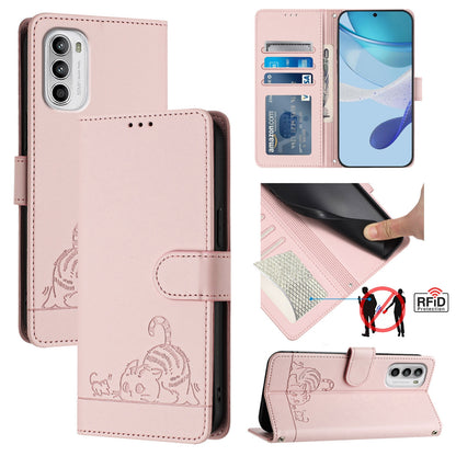 Motorola Moto G71s 5G Cat & Rat Embossed RFID Leather Case, Lanyard, Wallet, Card Slots, Kickstand, Anti-Fall, Scratch-Resistant