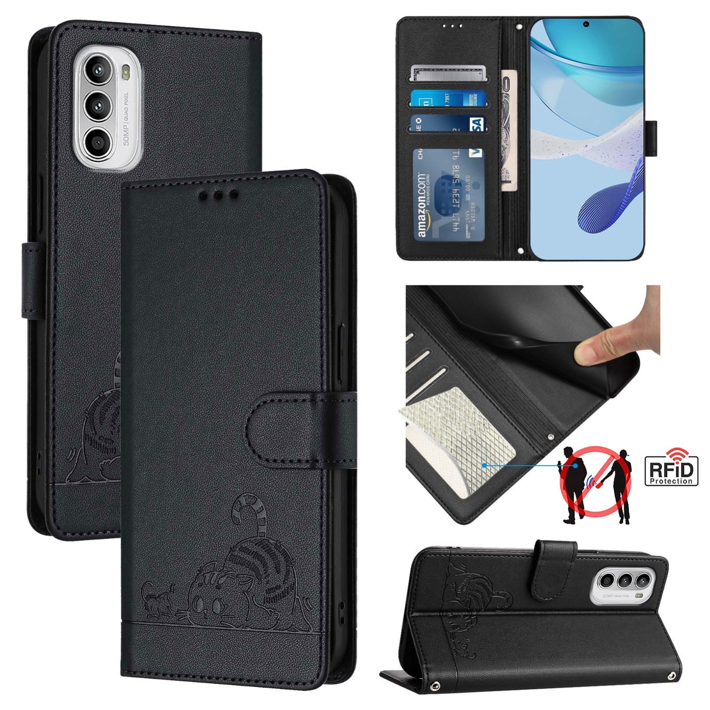 Motorola Moto G52 4G Cat & Rat Embossed RFID Leather Case, Lanyard, Wallet, Card Slots, Kickstand, Anti-Fall, Scratch-Resistant