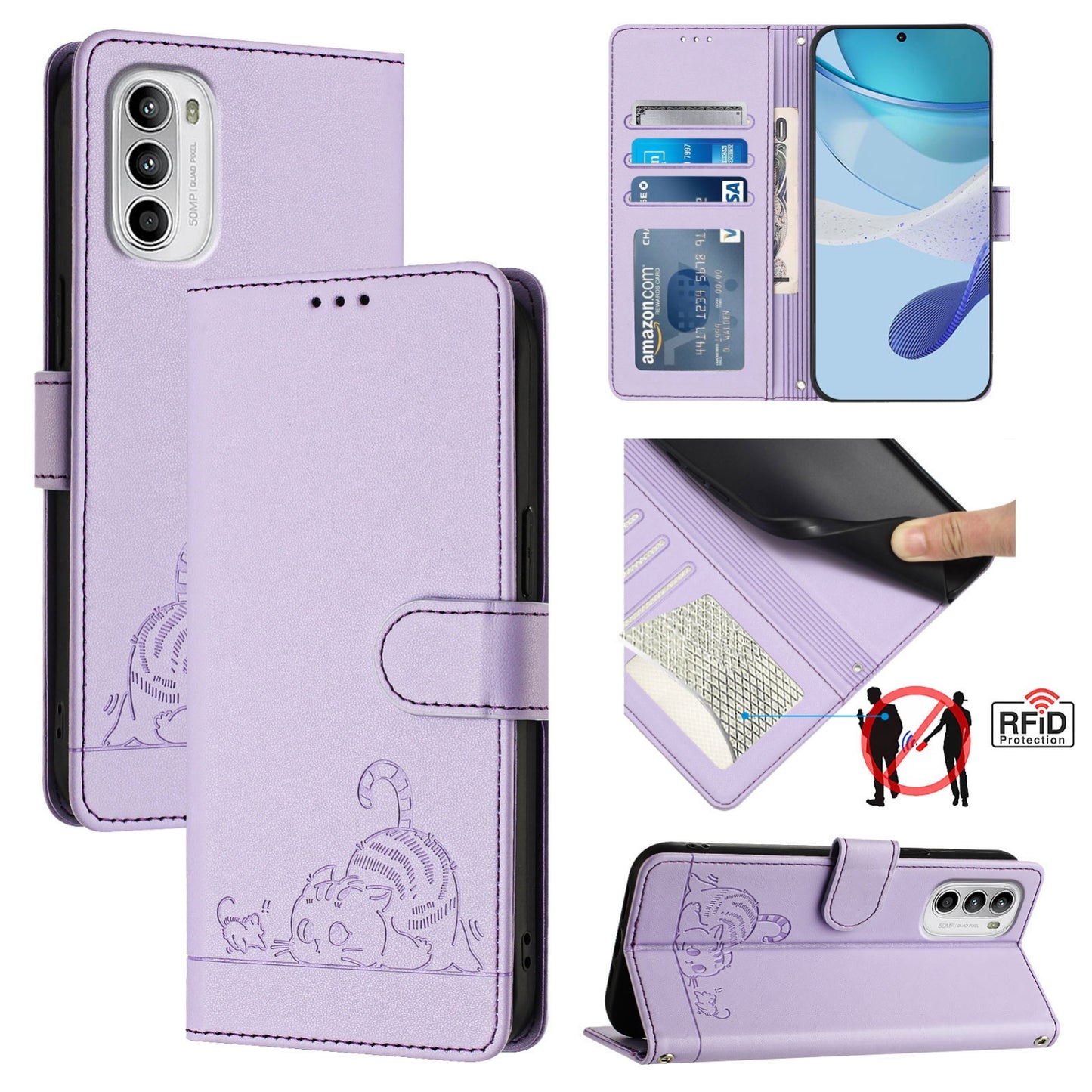 Motorola Moto G82 5G Cat & Rat Embossed RFID Leather Case, Lanyard, Wallet, Card Slots, Kickstand, Anti-Fall, Scratch-Resistant
