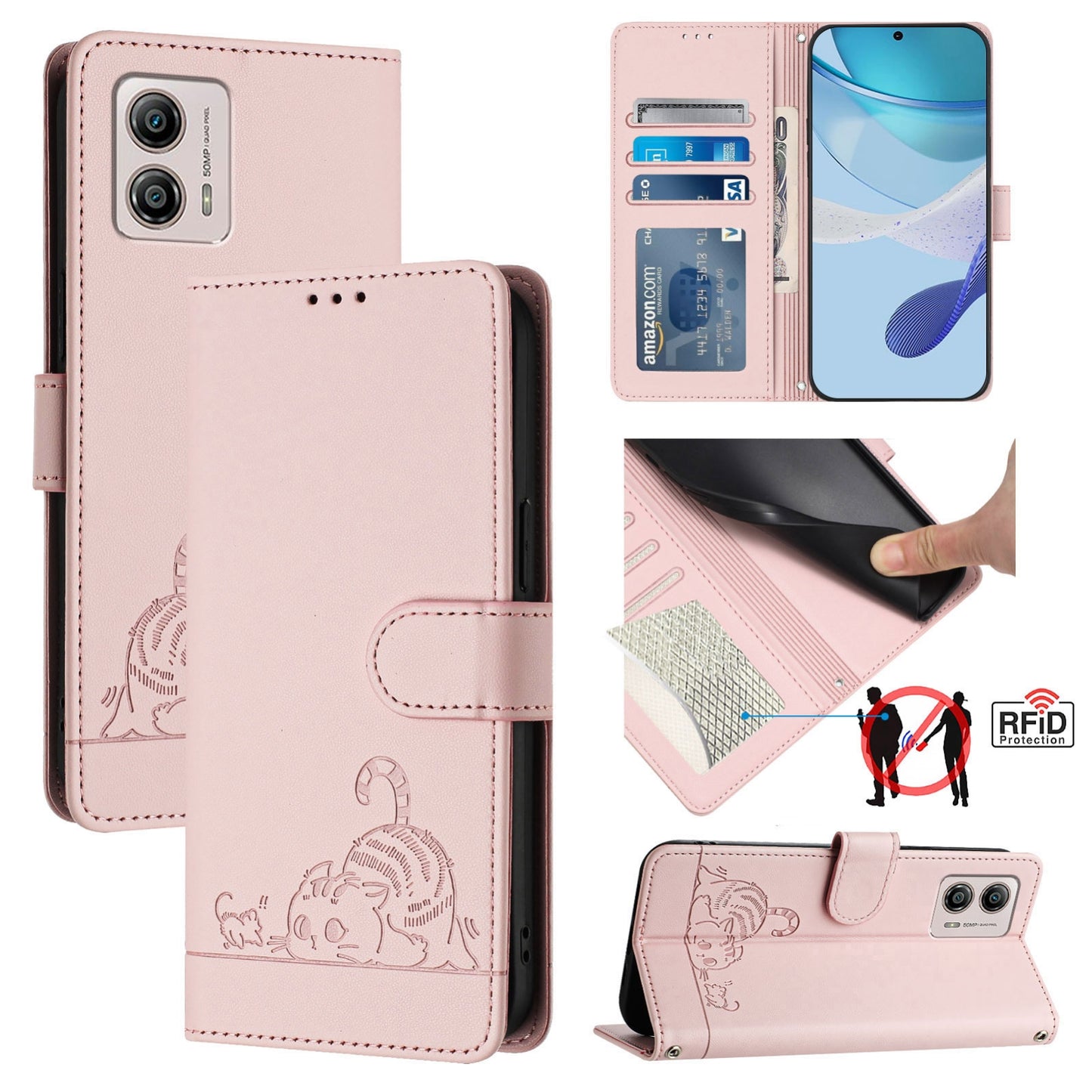 Motorola Moto G53 5G Cat & Rat Embossed RFID Leather Case, Lanyard, Wallet, Card Slots, Kickstand, Anti-Fall, Scratch-Resistant