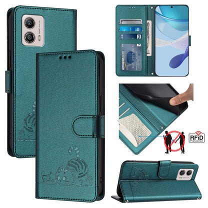 Motorola Moto G13 4G Cat & Rat Embossed RFID Leather Case, Lanyard, Wallet, Card Slots, Kickstand, Anti-Fall, Scratch-Resistant