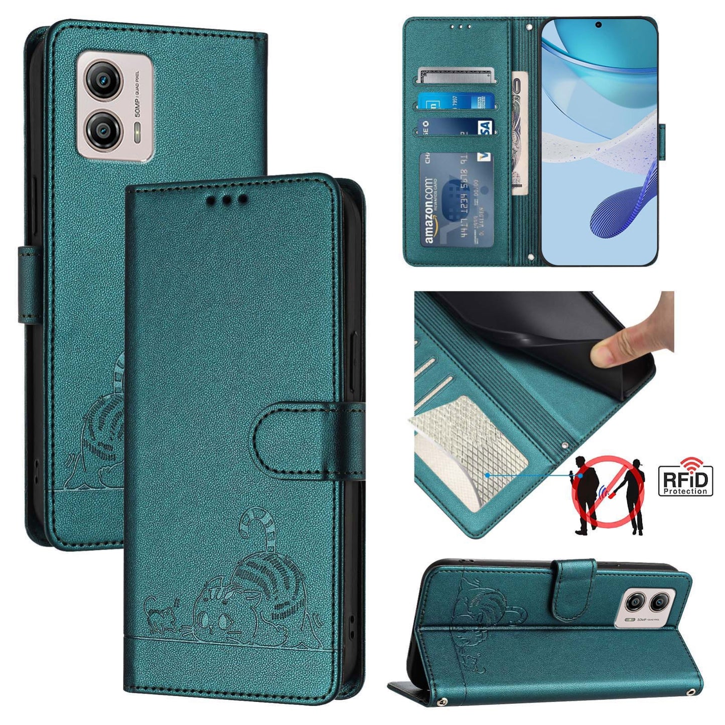 Motorola Moto G53 5G Cat & Rat Embossed RFID Leather Case, Lanyard, Wallet, Card Slots, Kickstand, Anti-Fall, Scratch-Resistant