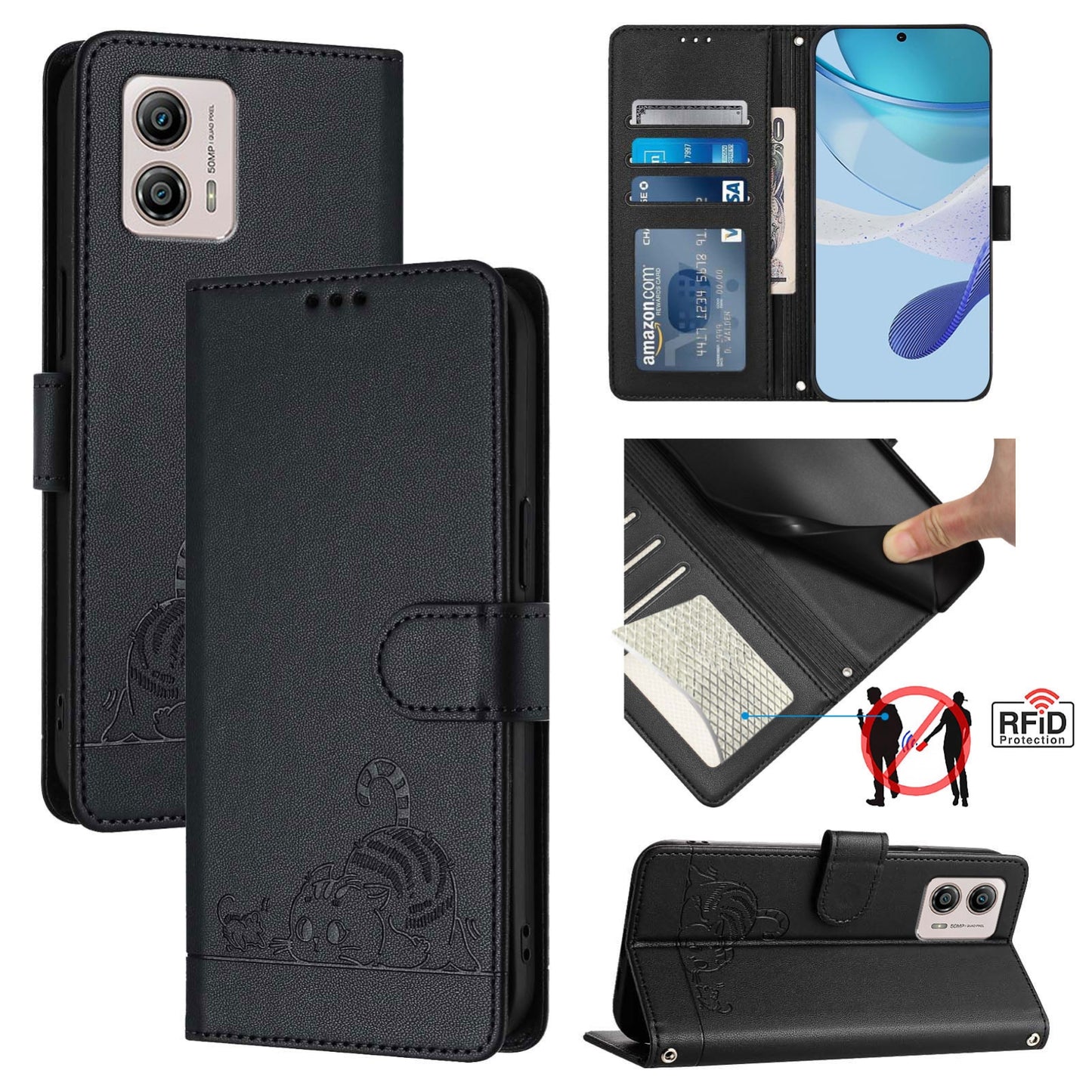 Motorola Moto G53Y 5G Cat & Rat Embossed RFID Leather Case, Lanyard, Wallet, Card Slots, Kickstand, Anti-Fall, Scratch-Resistant
