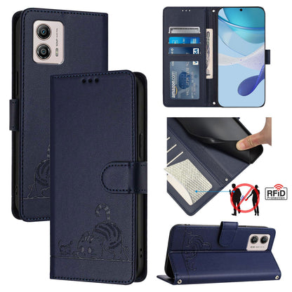 Motorola Moto G53Y 5G Cat & Rat Embossed RFID Leather Case, Lanyard, Wallet, Card Slots, Kickstand, Anti-Fall, Scratch-Resistant