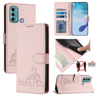 Motorola Moto G60 Cat & Rat Embossed RFID Leather Case, Lanyard, Wallet, Card Slots, Kickstand, Anti-Fall, Scratch-Resistant
