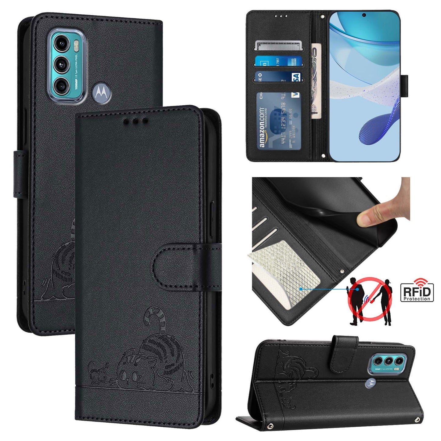 Motorola Moto G40 Fusion Cat & Rat Embossed RFID Leather Case, Lanyard, Wallet, Card Slots, Kickstand, Anti-Fall, Scratch-Resistant