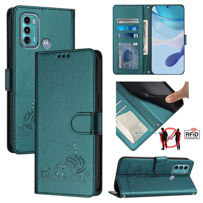 Motorola Moto G40 Fusion Cat & Rat Embossed RFID Leather Case, Lanyard, Wallet, Card Slots, Kickstand, Anti-Fall, Scratch-Resistant