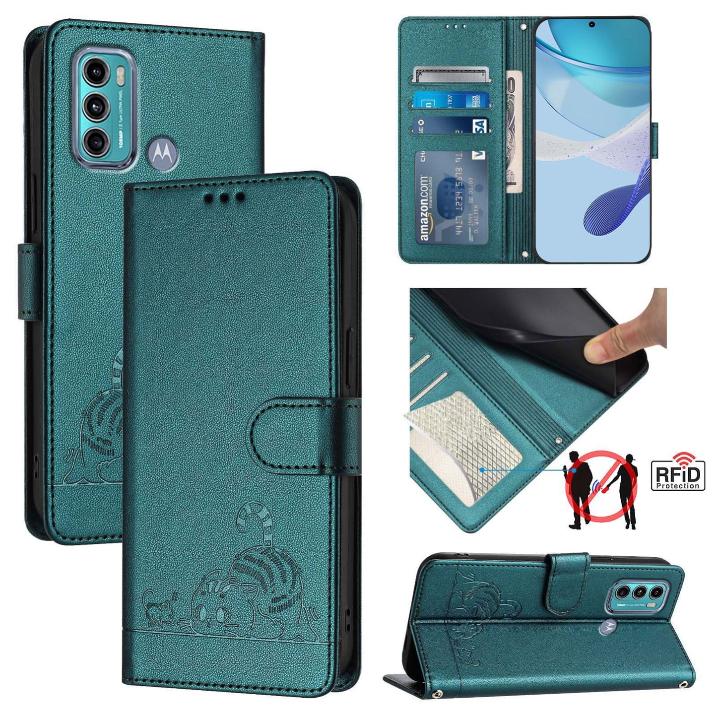 Motorola Moto G60 Cat & Rat Embossed RFID Leather Case, Lanyard, Wallet, Card Slots, Kickstand, Anti-Fall, Scratch-Resistant