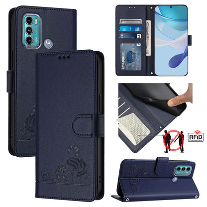 Motorola Moto G60 Cat & Rat Embossed RFID Leather Case, Lanyard, Wallet, Card Slots, Kickstand, Anti-Fall, Scratch-Resistant
