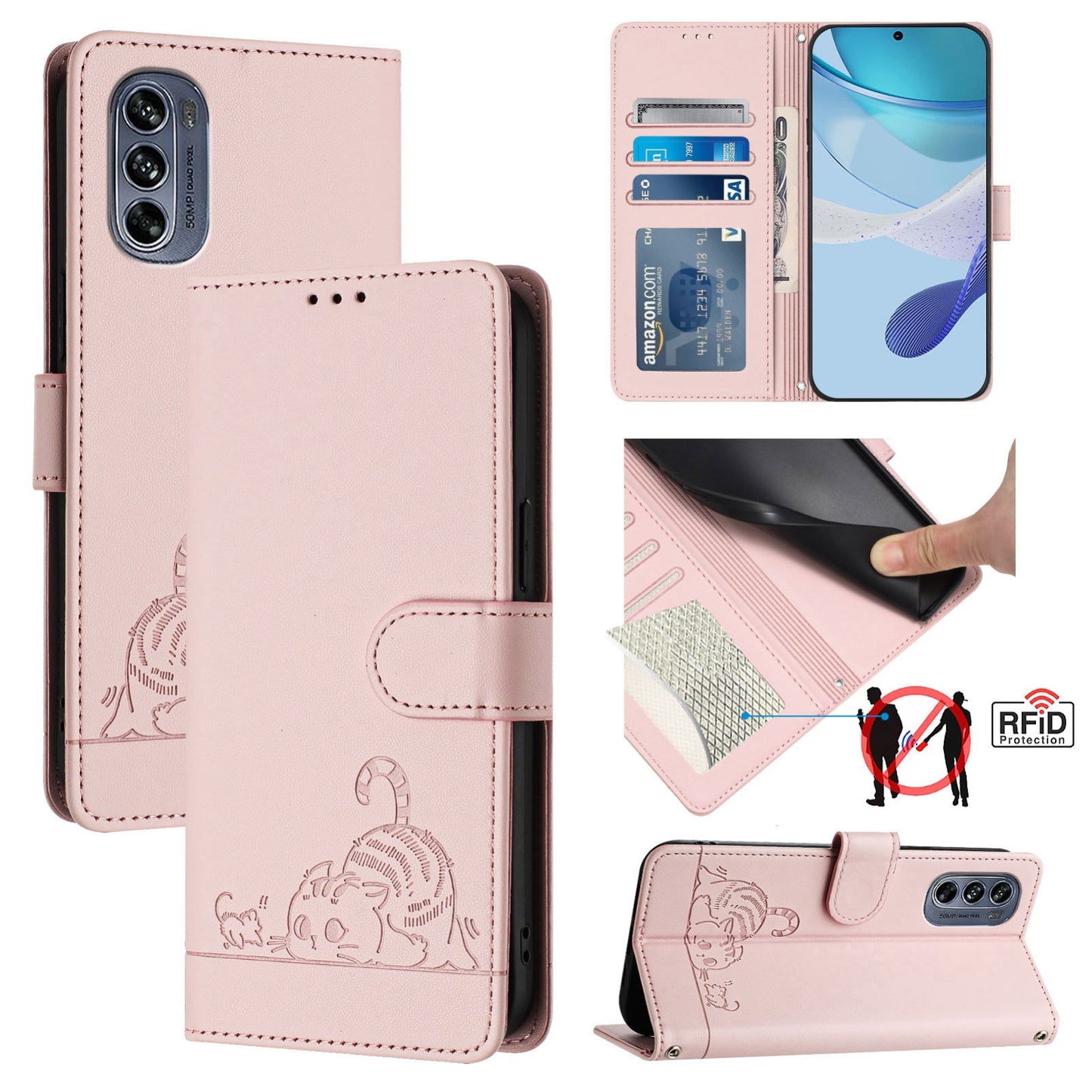Motorola Moto G62 5G Global Cat & Rat Embossed RFID Leather Case, Lanyard, Wallet, Card Slots, Kickstand, Anti-Fall, Scratch-Resistant