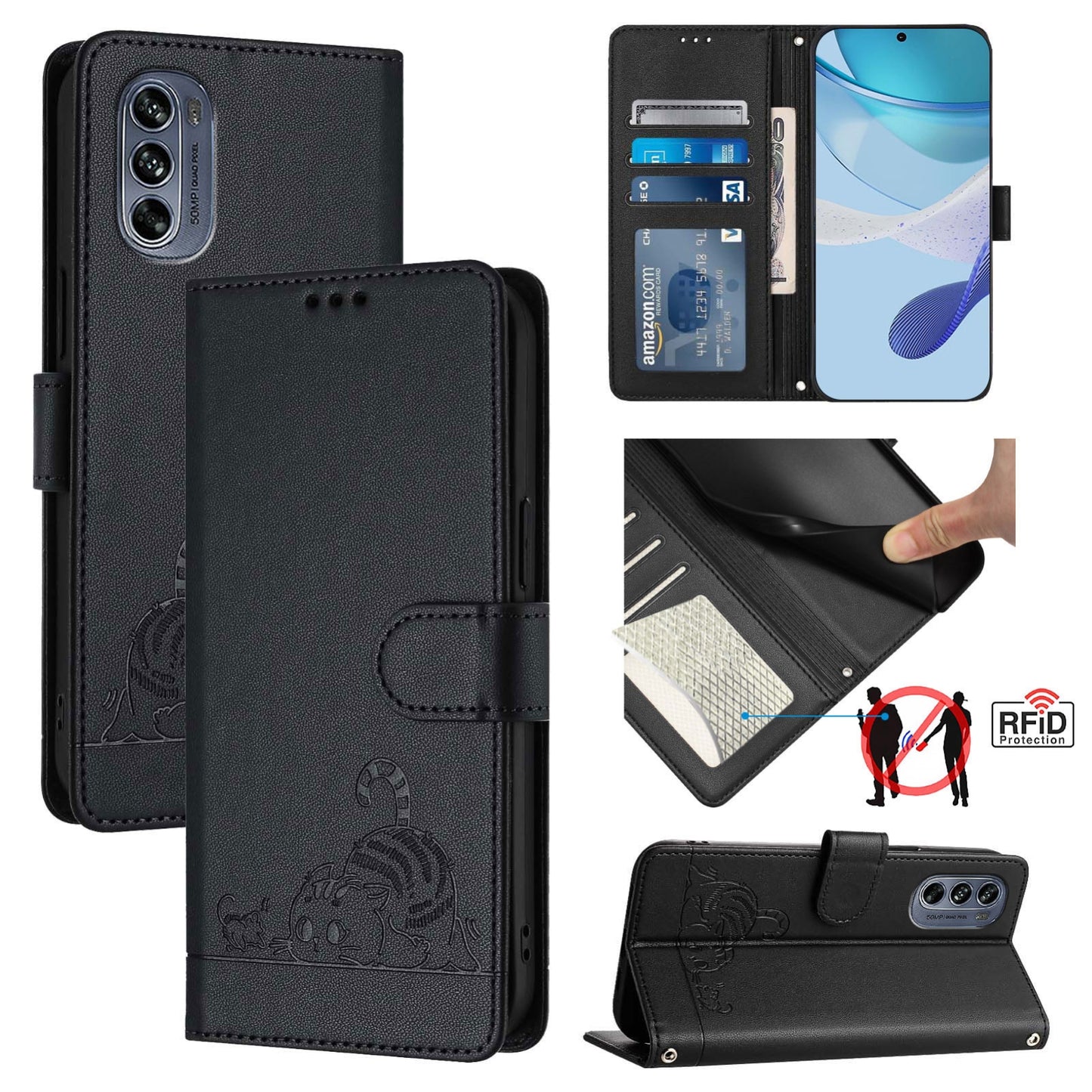 Motorola Moto G62 5G India Cat & Rat Embossed RFID Leather Case, Lanyard, Wallet, Card Slots, Kickstand, Anti-Fall, Scratch-Resistant