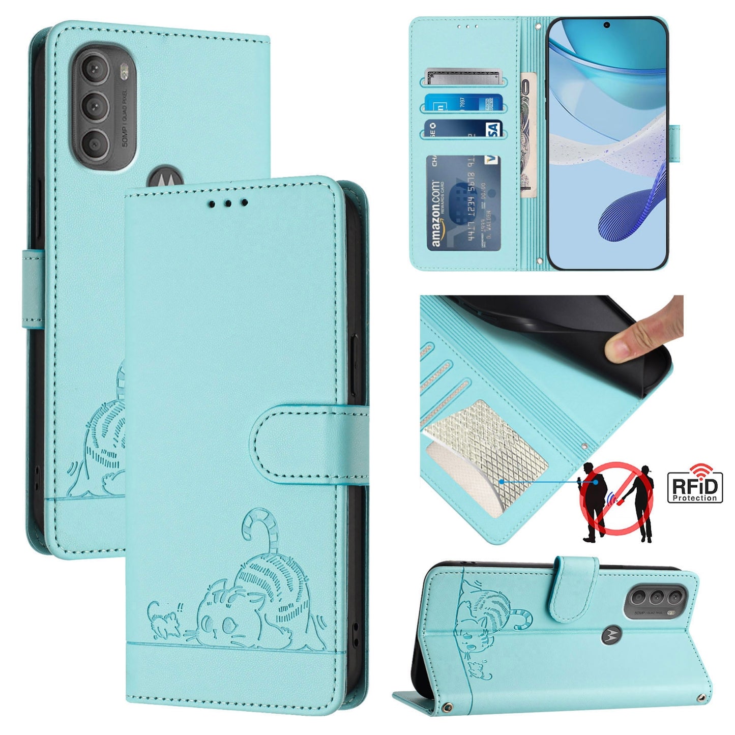 Motorola Moto G71 5G Cat & Rat Embossed RFID Leather Case, Lanyard, Wallet, Card Slots, Kickstand, Anti-Fall, Scratch-Resistant