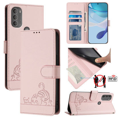 Motorola Moto G71 5G Cat & Rat Embossed RFID Leather Case, Lanyard, Wallet, Card Slots, Kickstand, Anti-Fall, Scratch-Resistant