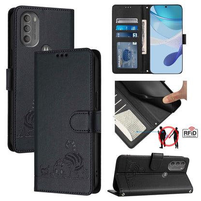 Motorola Moto G71 5G Cat & Rat Embossed RFID Leather Case, Lanyard, Wallet, Card Slots, Kickstand, Anti-Fall, Scratch-Resistant