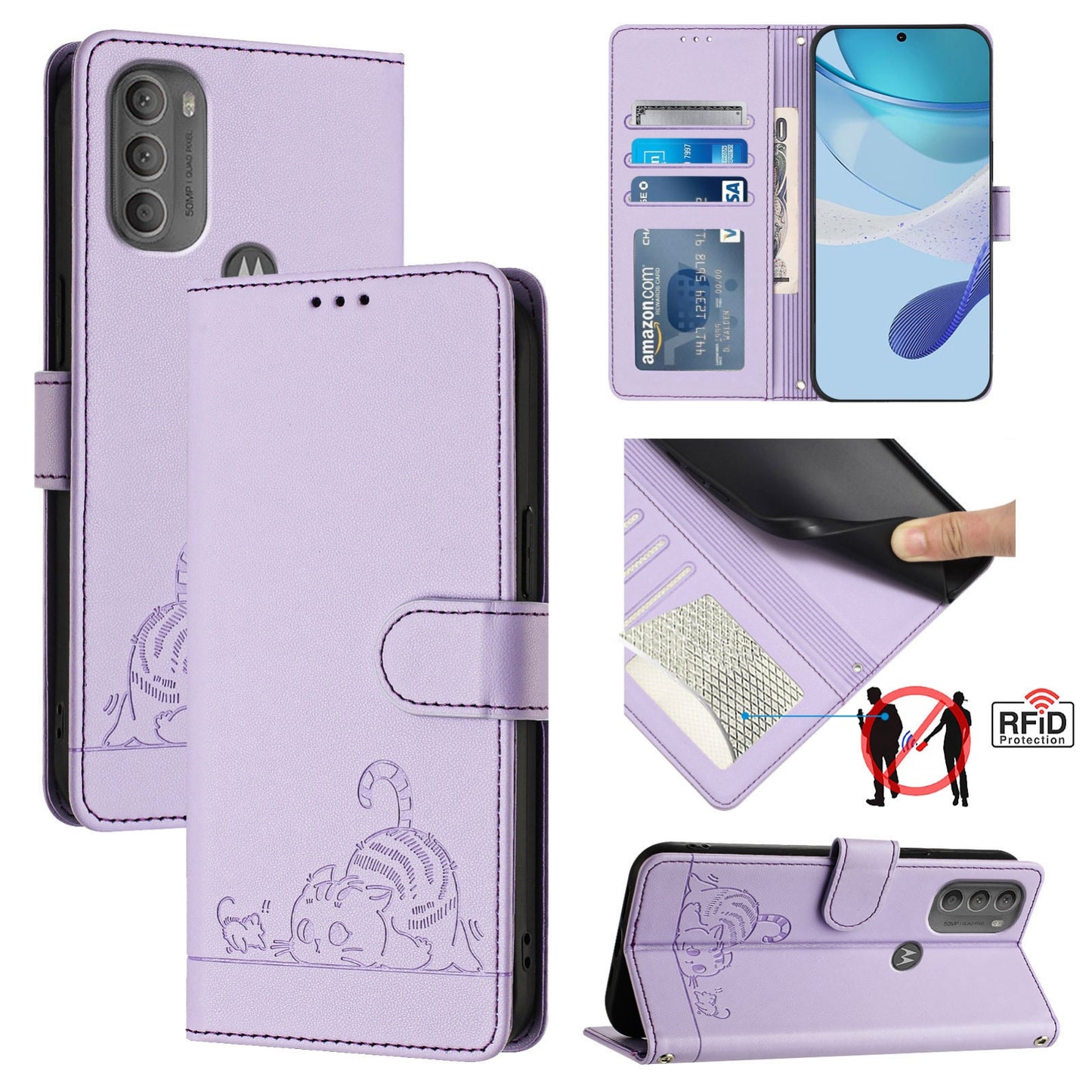 Motorola Moto G71 5G Cat & Rat Embossed RFID Leather Case, Lanyard, Wallet, Card Slots, Kickstand, Anti-Fall, Scratch-Resistant