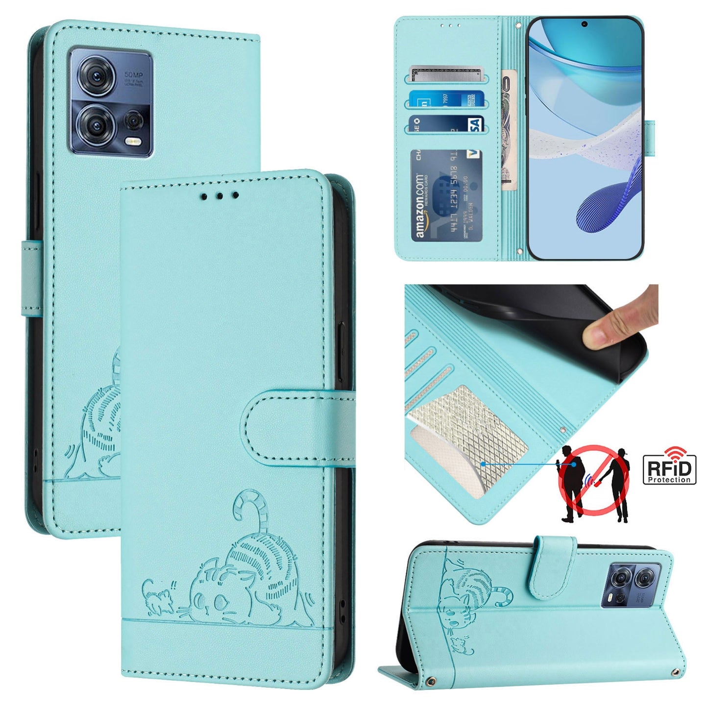 Motorola Moto G72 Cat & Rat Embossed RFID Leather Case, Lanyard, Wallet, Card Slots, Kickstand, Anti-Fall, Scratch-Resistant