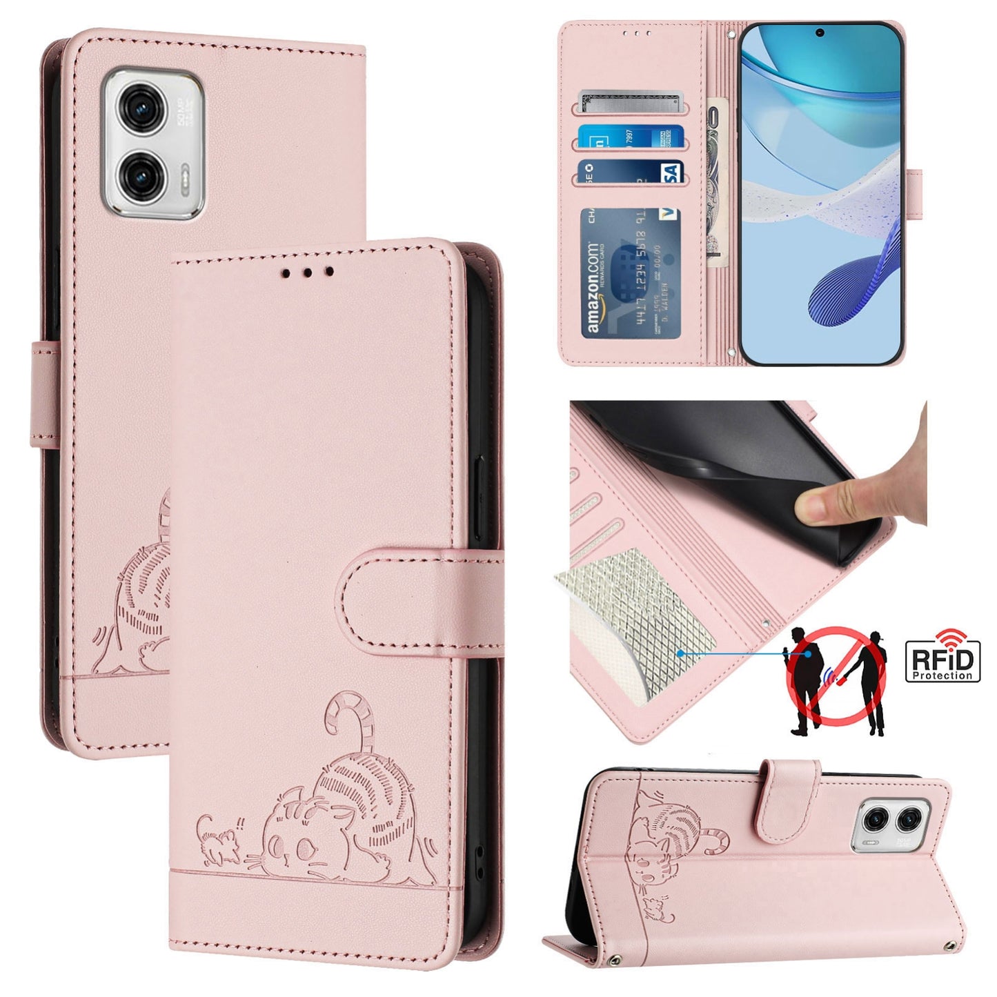 Motorola Moto G73 5G Cat & Rat Embossed RFID Leather Case, Lanyard, Wallet, Card Slots, Kickstand, Anti-Fall, Scratch-Resistant