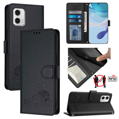 Motorola Moto G73 5G Cat & Rat Embossed RFID Leather Case, Lanyard, Wallet, Card Slots, Kickstand, Anti-Fall, Scratch-Resistant