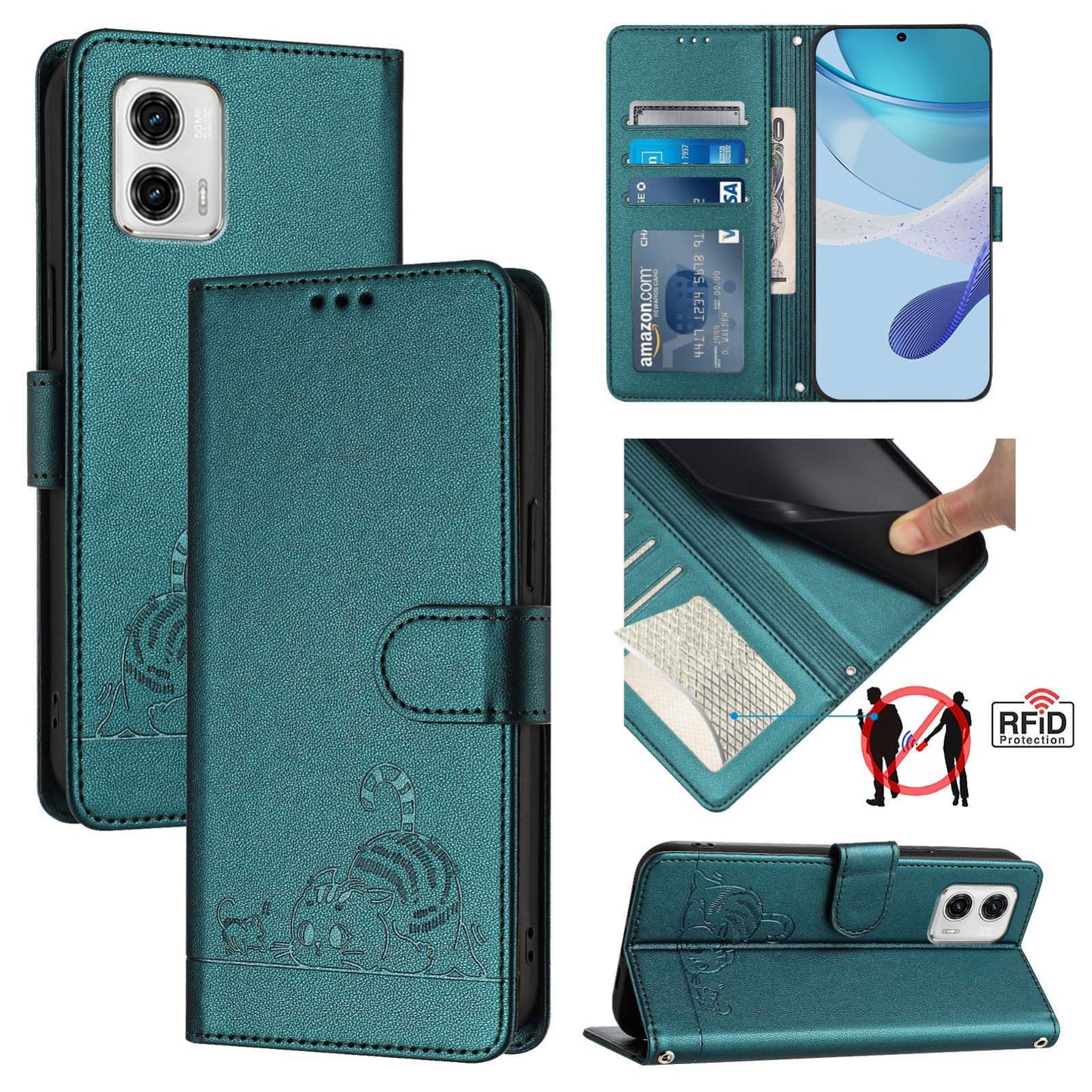 Motorola Moto G73 5G Cat & Rat Embossed RFID Leather Case, Lanyard, Wallet, Card Slots, Kickstand, Anti-Fall, Scratch-Resistant