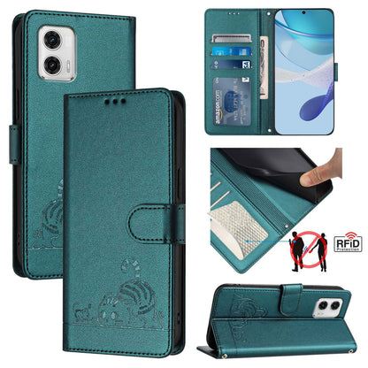 Motorola Moto G73 5G Cat & Rat Embossed RFID Leather Case, Lanyard, Wallet, Card Slots, Kickstand, Anti-Fall, Scratch-Resistant