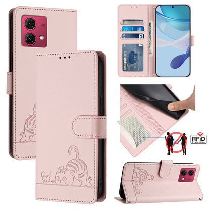 Motorola Moto G84 5G Cat & Rat Embossed RFID Leather Case, Lanyard, Wallet, Card Slots, Kickstand, Anti-Fall, Scratch-Resistant