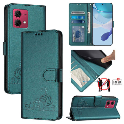 Motorola Moto G84 5G Cat & Rat Embossed RFID Leather Case, Lanyard, Wallet, Card Slots, Kickstand, Anti-Fall, Scratch-Resistant
