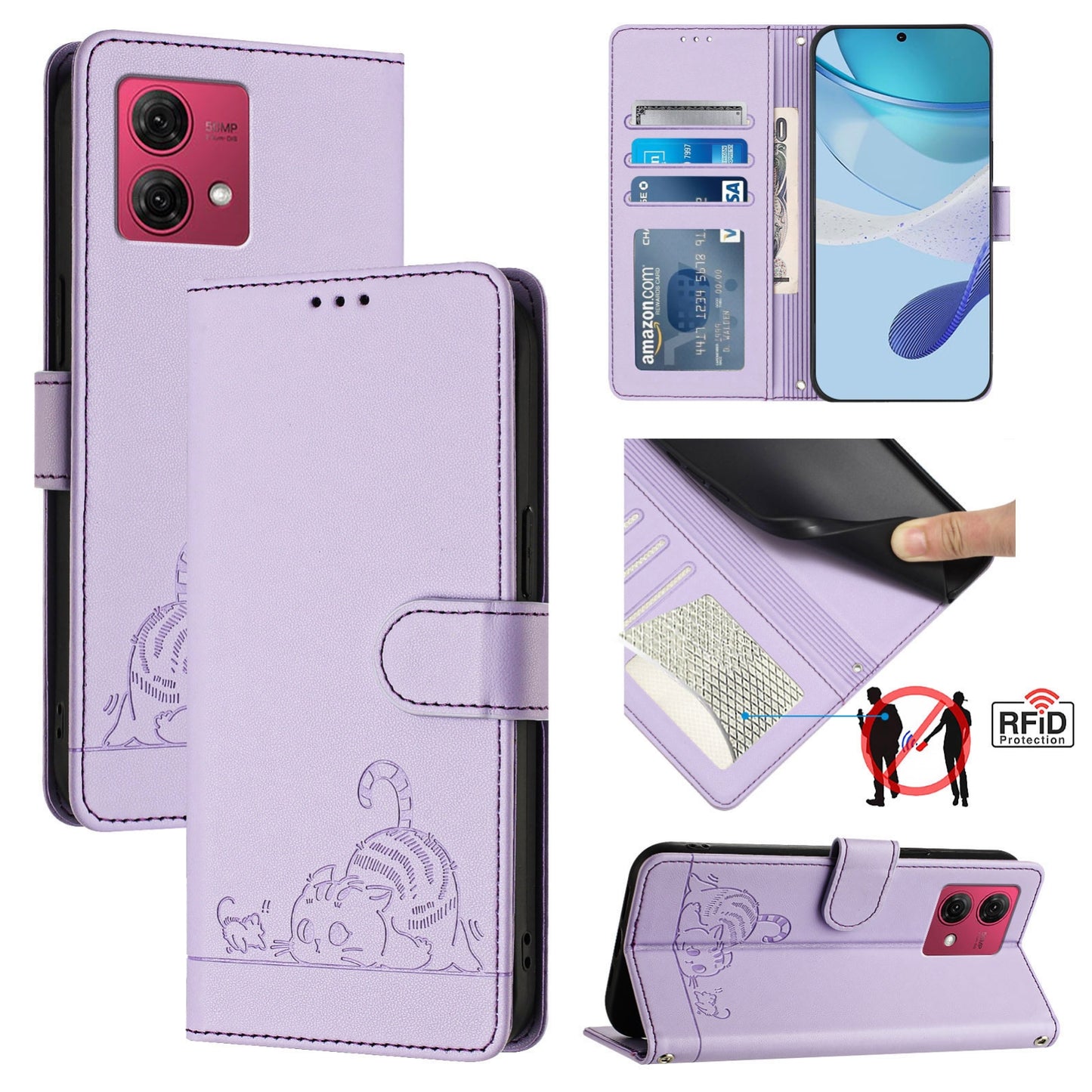 Motorola Moto G84 5G Cat & Rat Embossed RFID Leather Case, Lanyard, Wallet, Card Slots, Kickstand, Anti-Fall, Scratch-Resistant