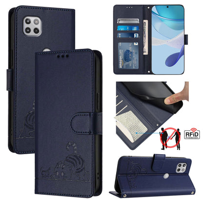 Motorola One 5G Ace Cat & Rat Embossed RFID Leather Case, Lanyard, Wallet, Card Slots, Kickstand, Anti-Fall, Scratch-Resistant