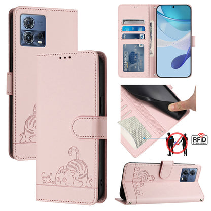 Motorola Moto S30 Pro 5G Cat & Rat Embossed RFID Leather Case, Lanyard, Wallet, Card Slots, Kickstand, Anti-Fall, Scratch-Resistant