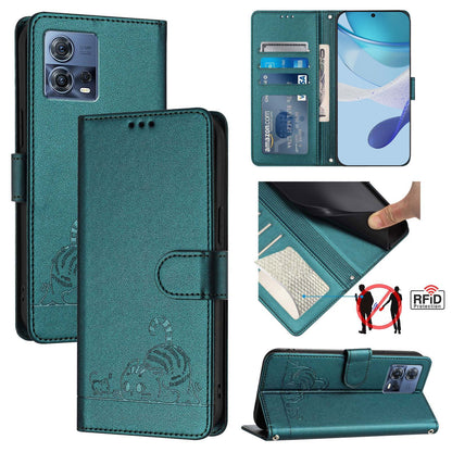 Motorola Moto S30 Pro 5G Cat & Rat Embossed RFID Leather Case, Lanyard, Wallet, Card Slots, Kickstand, Anti-Fall, Scratch-Resistant