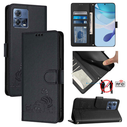 Motorola Edge 30 Fusion Cat & Rat Embossed RFID Leather Case, Lanyard, Wallet, Card Slots, Kickstand, Anti-Fall, Scratch-Resistant