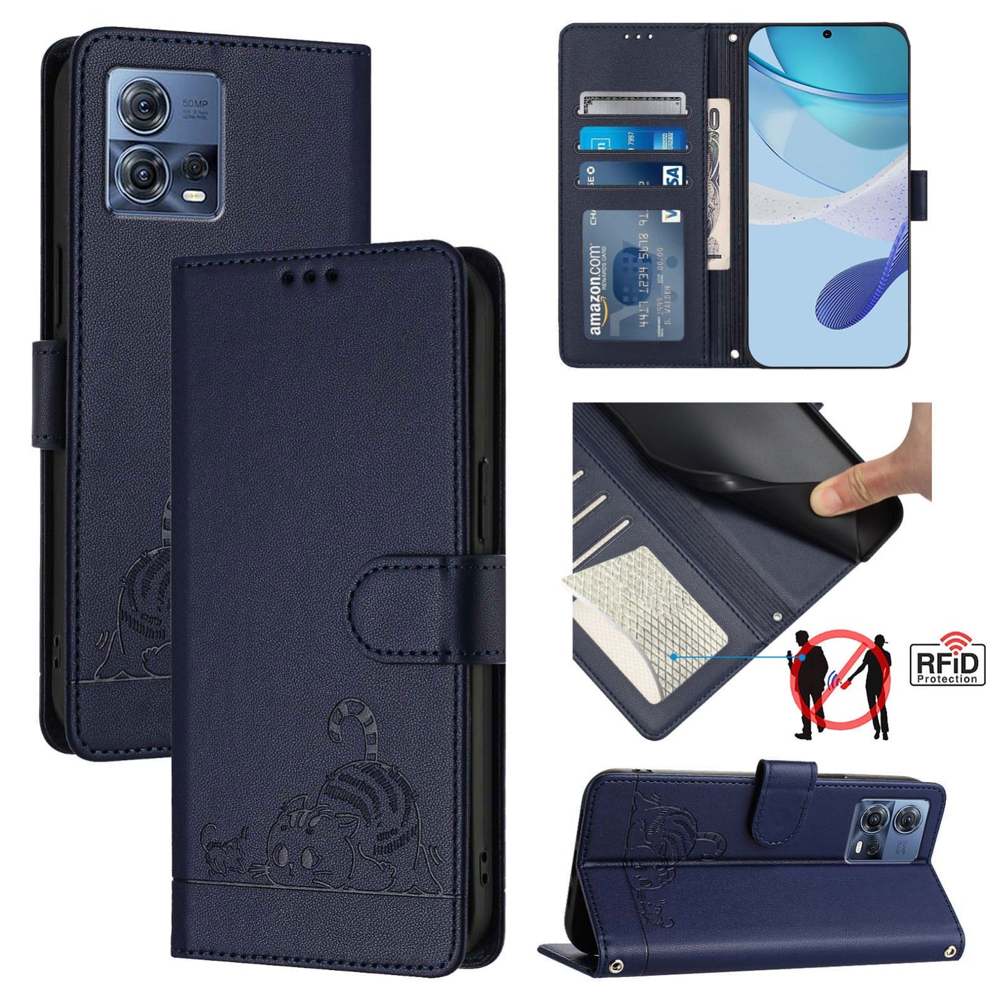 Motorola Edge 30 Fusion Cat & Rat Embossed RFID Leather Case, Lanyard, Wallet, Card Slots, Kickstand, Anti-Fall, Scratch-Resistant