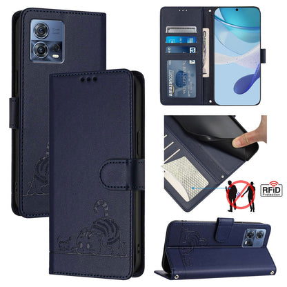Motorola Edge 30 Fusion Cat & Rat Embossed RFID Leather Case, Lanyard, Wallet, Card Slots, Kickstand, Anti-Fall, Scratch-Resistant