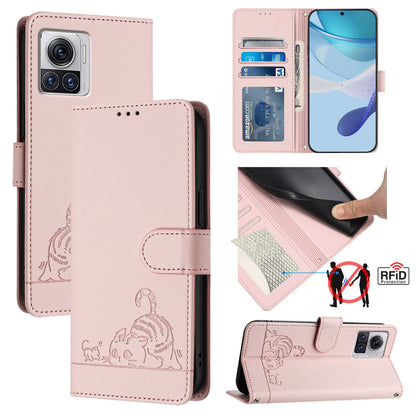 Motorola Moto X30 Pro 5G Cat & Rat Embossed RFID Leather Case, Lanyard, Wallet, Card Slots, Kickstand, Anti-Fall, Scratch-Resistant