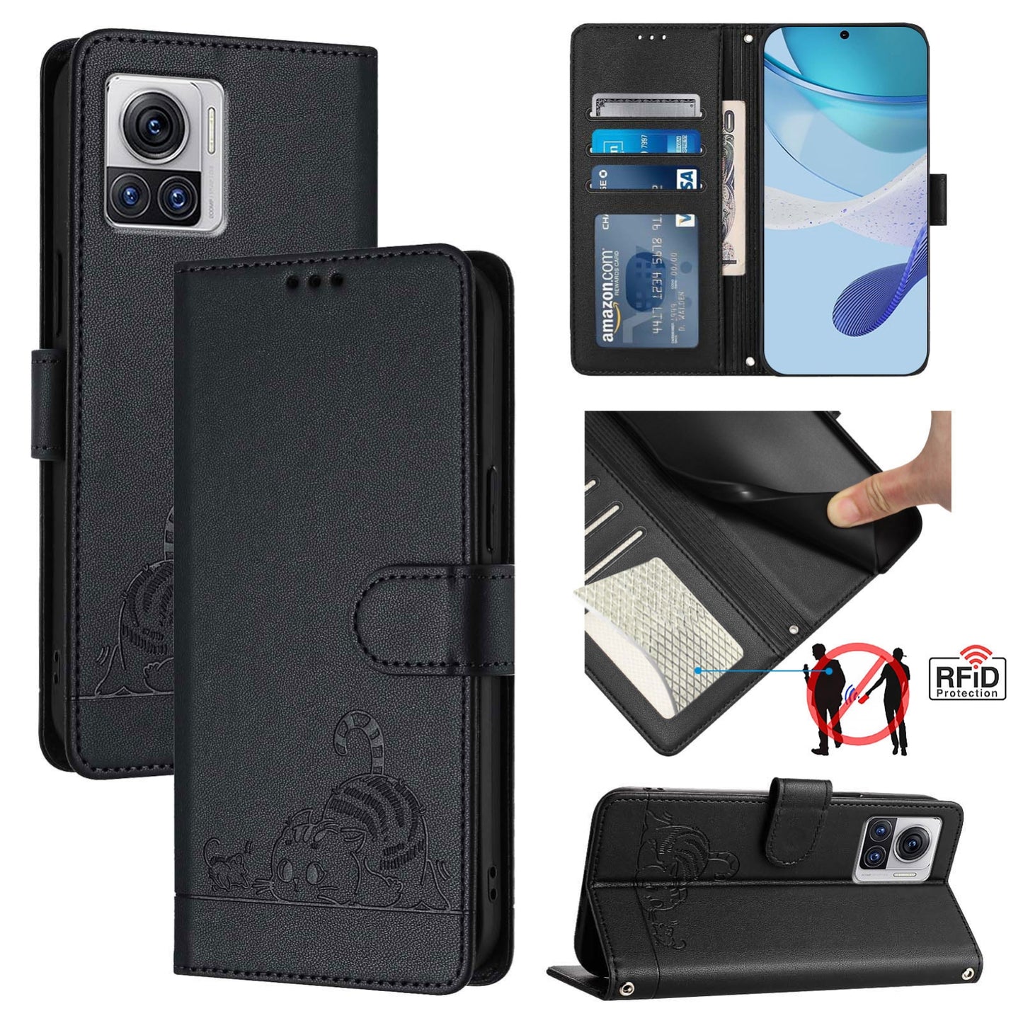 Motorola Moto X30 Pro 5G Cat & Rat Embossed RFID Leather Case, Lanyard, Wallet, Card Slots, Kickstand, Anti-Fall, Scratch-Resistant
