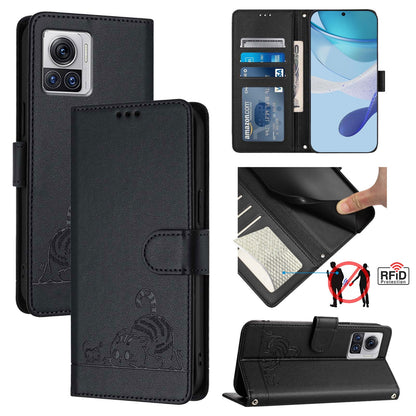 Motorola Edge 30 Ultra Cat & Rat Embossed RFID Leather Case, Lanyard, Wallet, Card Slots, Kickstand, Anti-Fall, Scratch-Resistant