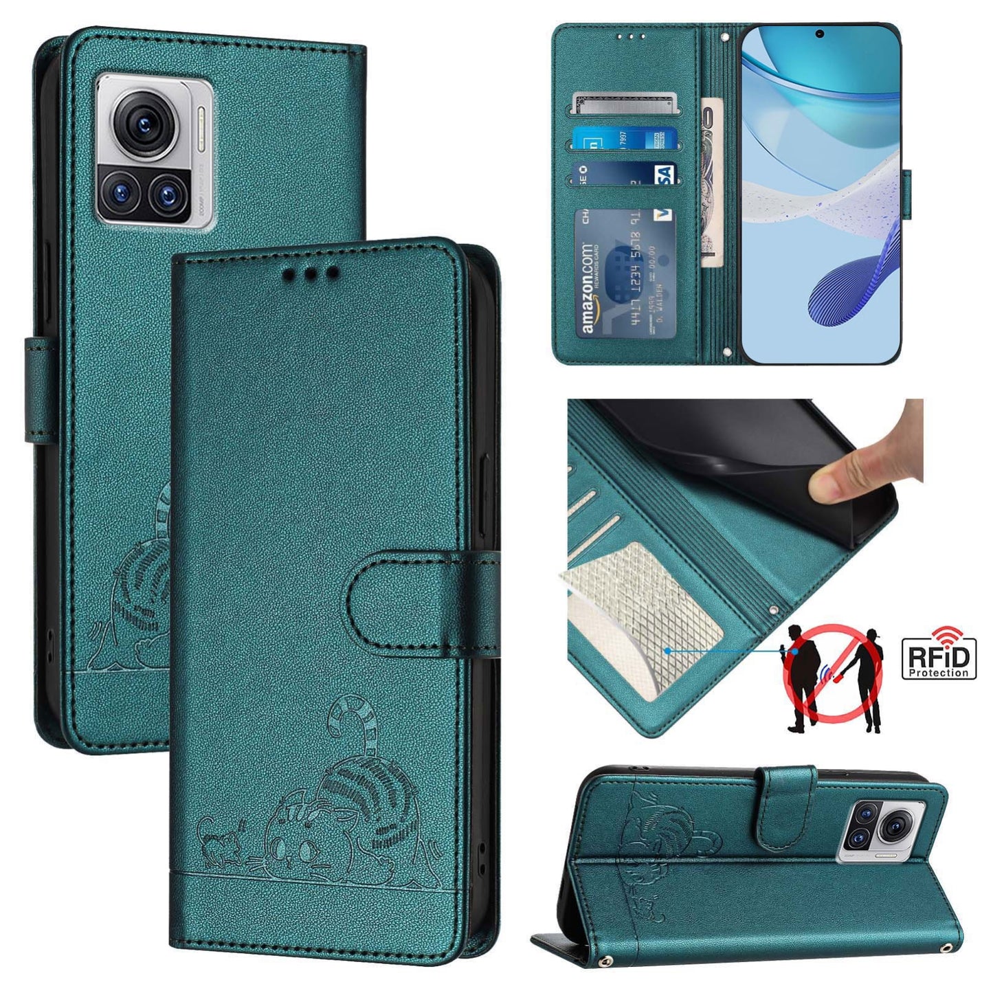 Motorola Edge 30 Ultra Cat & Rat Embossed RFID Leather Case, Lanyard, Wallet, Card Slots, Kickstand, Anti-Fall, Scratch-Resistant