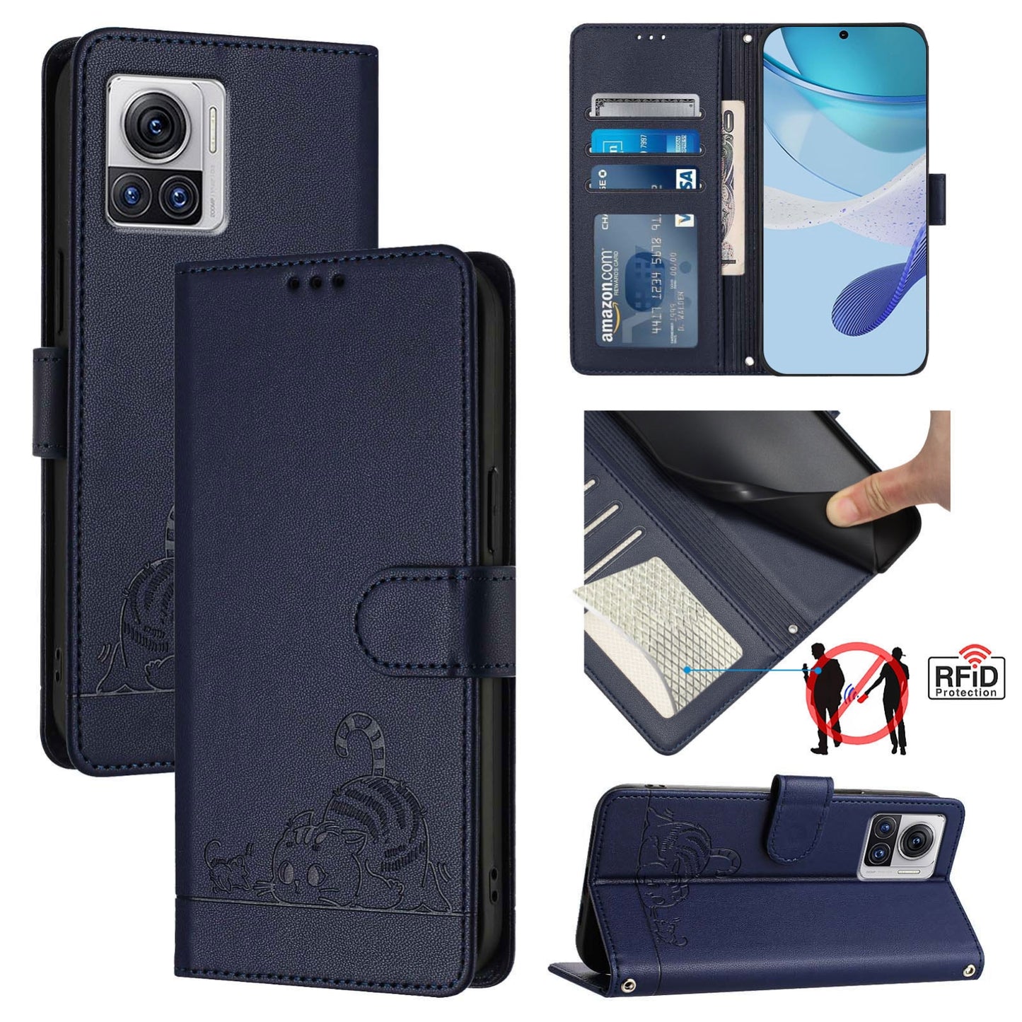 Motorola Edge 30 Ultra Cat & Rat Embossed RFID Leather Case, Lanyard, Wallet, Card Slots, Kickstand, Anti-Fall, Scratch-Resistant
