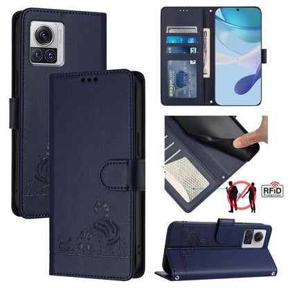 Motorola Edge 30 Ultra Cat & Rat Embossed RFID Leather Case, Lanyard, Wallet, Card Slots, Kickstand, Anti-Fall, Scratch-Resistant
