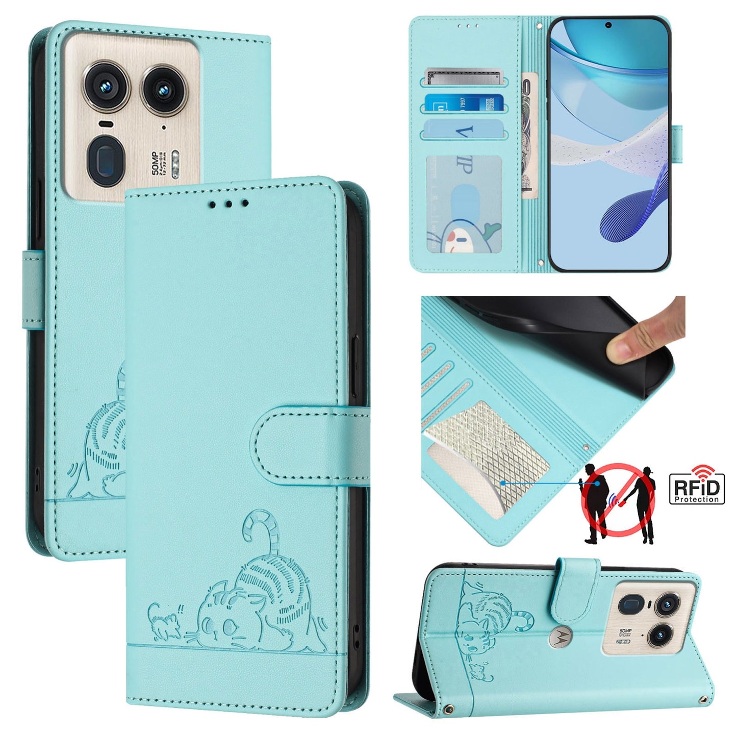 Motorola Edge 50 Ultra Cat & Rat Embossed RFID Leather Case, Lanyard, Wallet, Card Slots, Kickstand, Anti-Fall, Scratch-Resistant