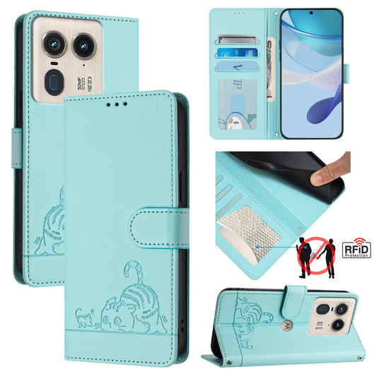 Motorola Edge 50 Ultra Cat & Rat Embossed RFID Leather Case, Lanyard, Wallet, Card Slots, Kickstand, Anti-Fall, Scratch-Resistant