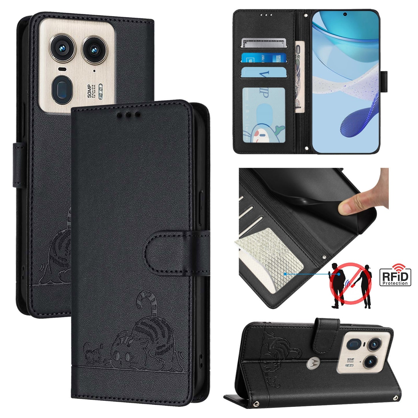 Motorola Edge 50 Ultra Cat & Rat Embossed RFID Leather Case, Lanyard, Wallet, Card Slots, Kickstand, Anti-Fall, Scratch-Resistant