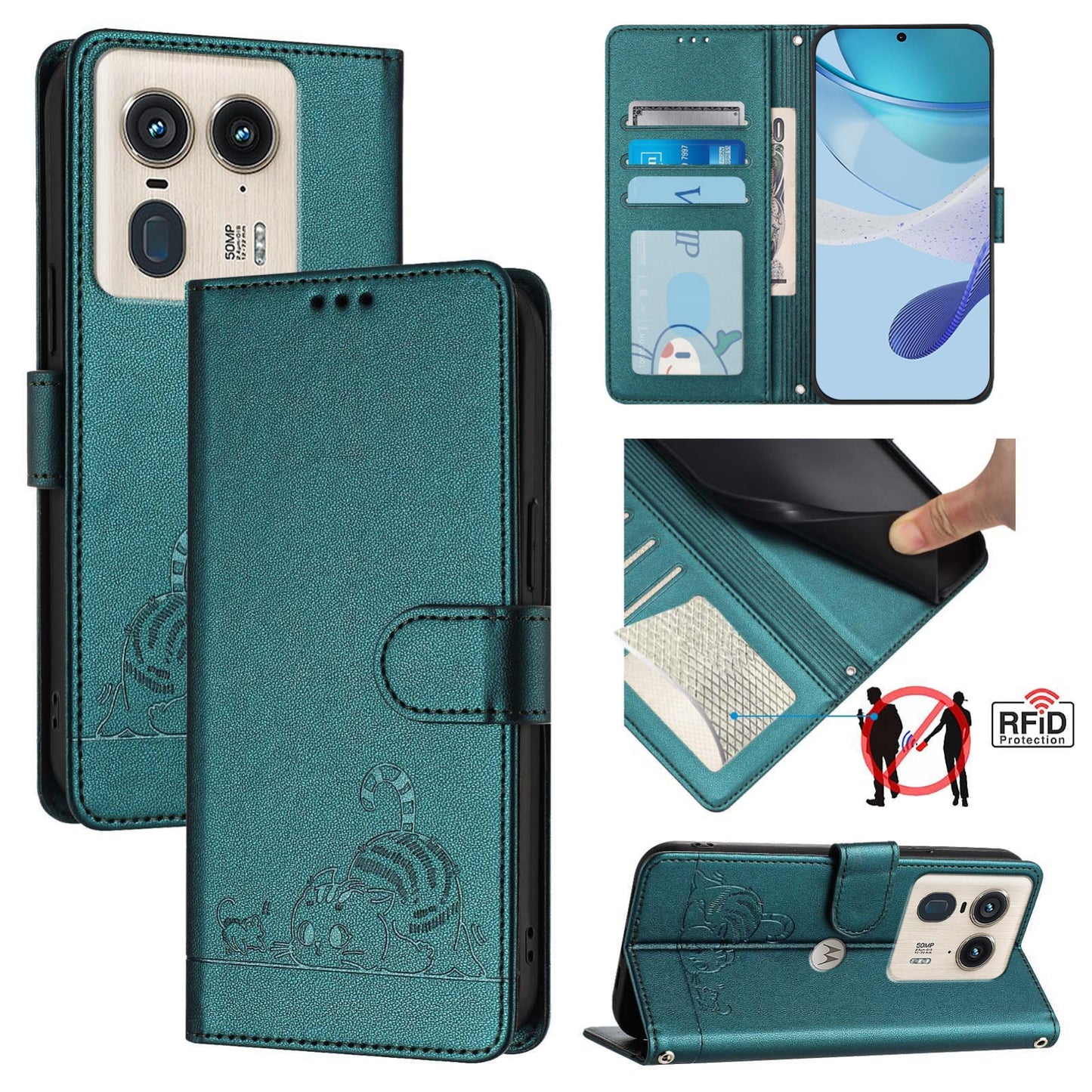 Motorola Edge 50 Ultra Cat & Rat Embossed RFID Leather Case, Lanyard, Wallet, Card Slots, Kickstand, Anti-Fall, Scratch-Resistant