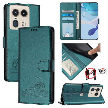 Motorola Edge 50 Ultra Cat & Rat Embossed RFID Leather Case, Lanyard, Wallet, Card Slots, Kickstand, Anti-Fall, Scratch-Resistant