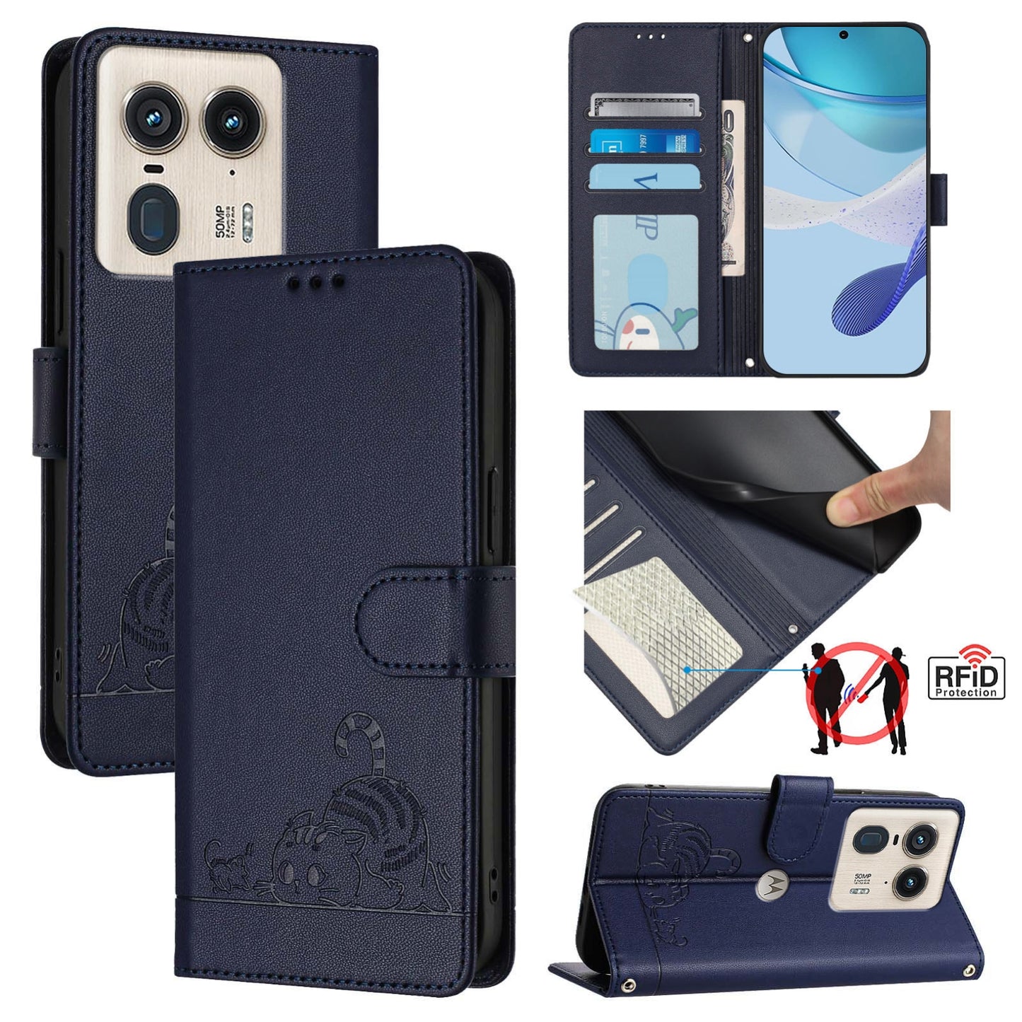 Motorola Edge 50 Ultra Cat & Rat Embossed RFID Leather Case, Lanyard, Wallet, Card Slots, Kickstand, Anti-Fall, Scratch-Resistant