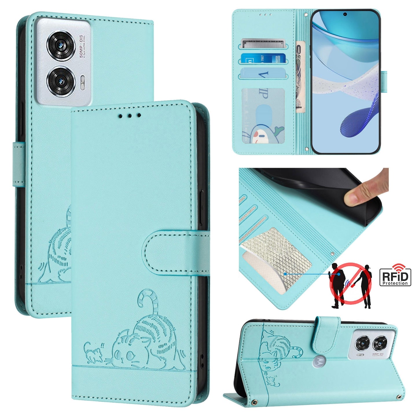 Motorola Edge 50 Fusion Cat & Rat Embossed RFID Leather Case, Lanyard, Wallet, Card Slots, Kickstand, Anti-Fall, Scratch-Resistant